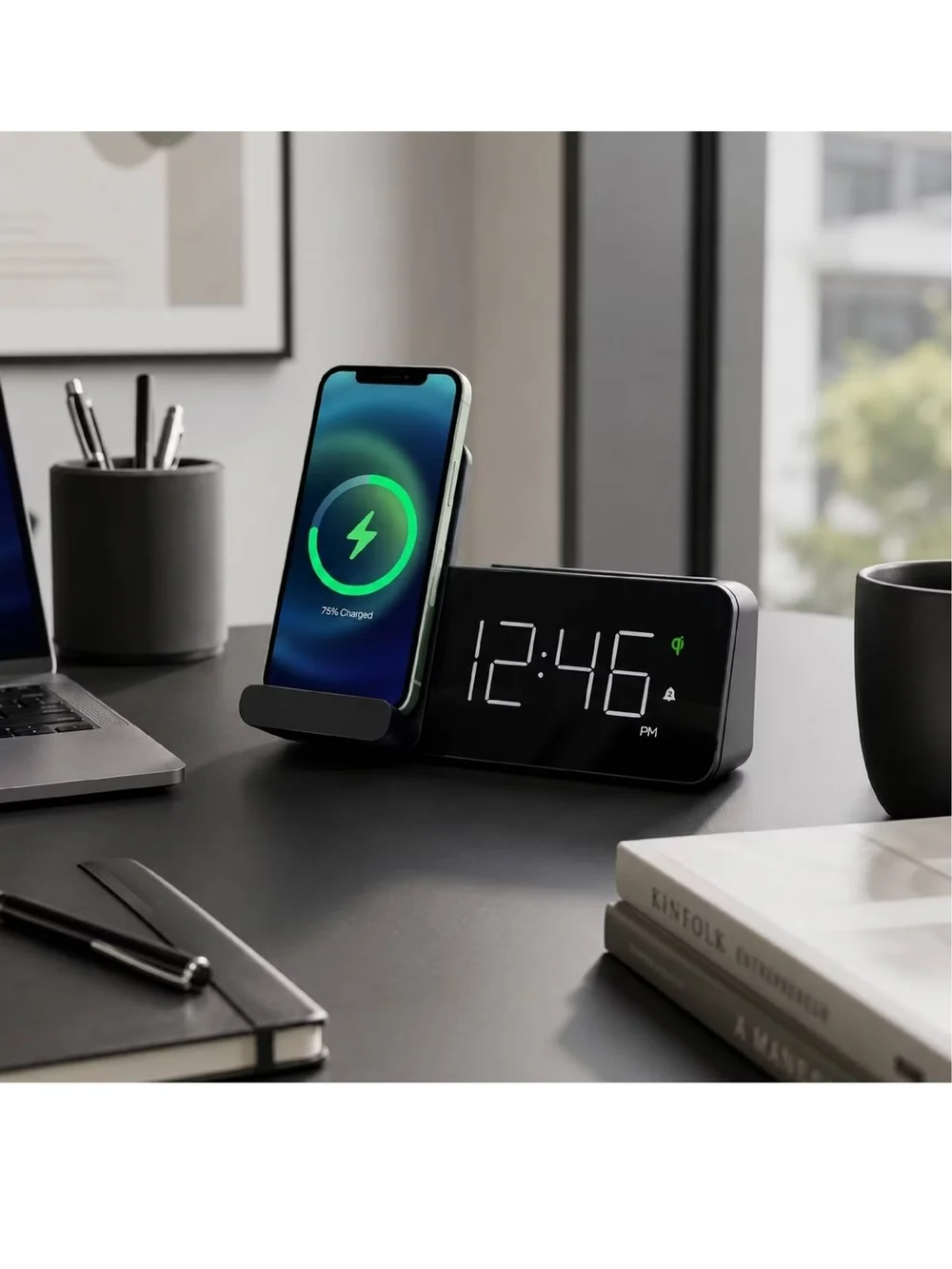 Capello Black Qi Wireless Charging Stand with Digital Alarm Clock